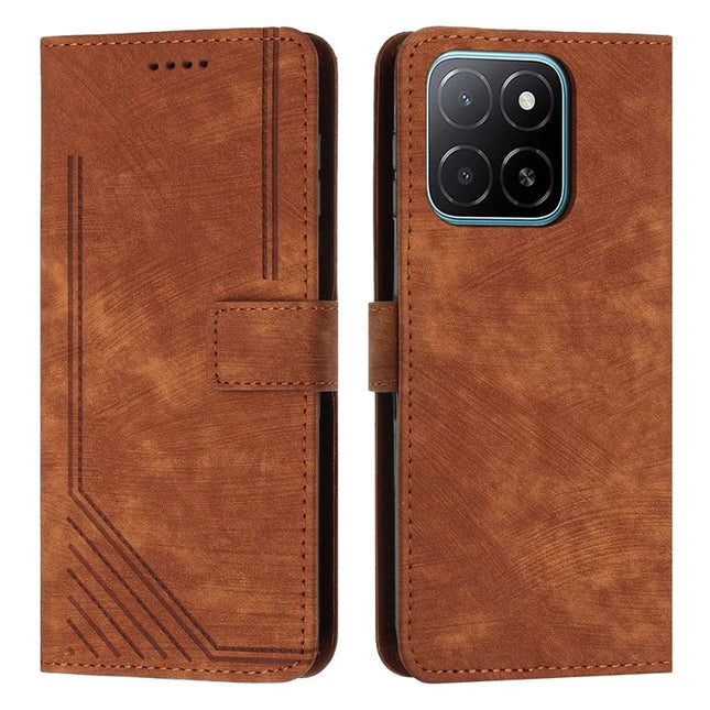 For Honor X5b / X5b Plus Case Imprinted Lines Leather Phone Cover Folding Stand - Brown