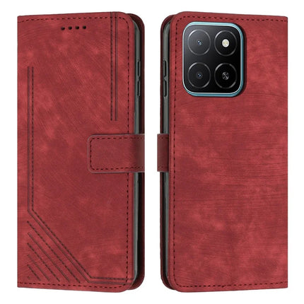 For Honor X5b / X5b Plus Case Imprinted Lines Leather Phone Cover Folding Stand - Red