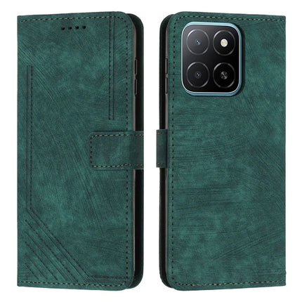 For Honor X5b / X5b Plus Case Imprinted Lines Leather Phone Cover Folding Stand - Green