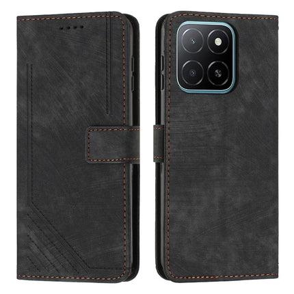 For Honor X5b / X5b Plus Case Imprinted Lines Leather Phone Cover Folding Stand - Black