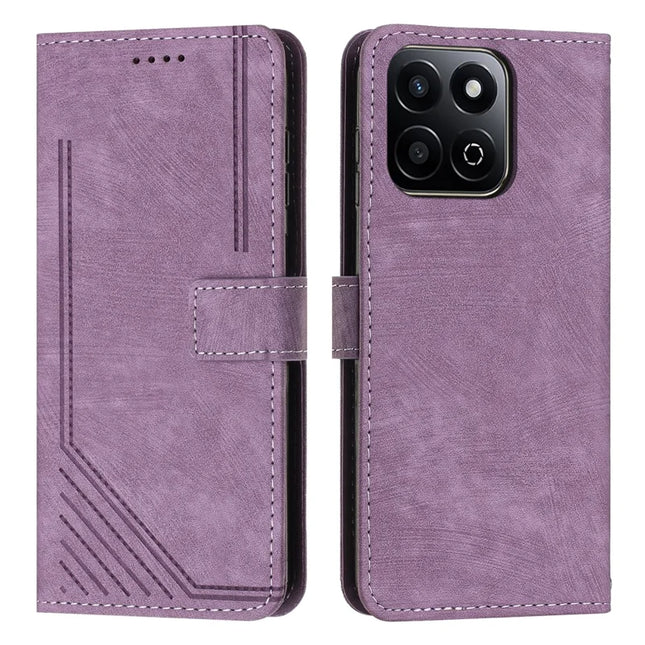 For Honor X7c 4G / 200 Smart 5G / Play 60 Plus 5G / Play 9T Case Imprinted Lines Leather Phone Cover Folding Stand - Purple