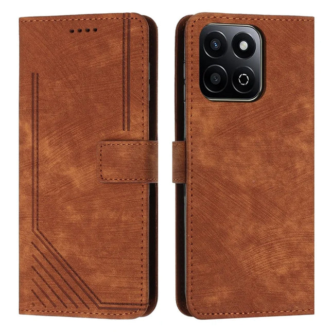 For Honor X7c 4G / 200 Smart 5G / Play 60 Plus 5G / Play 9T Case Imprinted Lines Leather Phone Cover Folding Stand - Brown