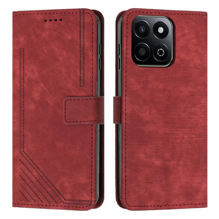 For Honor X7c 4G / 200 Smart 5G / Play 60 Plus 5G / Play 9T Case Imprinted Lines Leather Phone Cover Folding Stand - Red