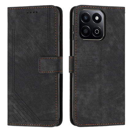 For Honor X7c 4G / 200 Smart 5G / Play 60 Plus 5G / Play 9T Case Imprinted Lines Leather Phone Cover Folding Stand - Black