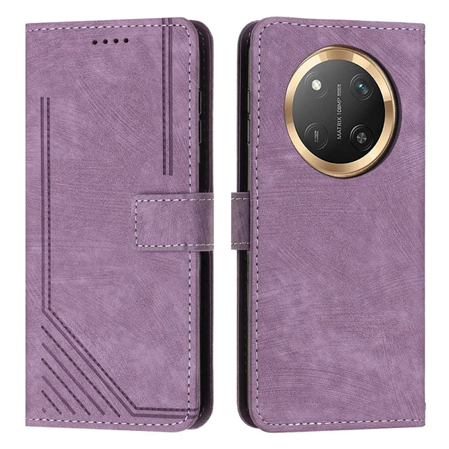 For Honor Magic7 Lite 5G / X9c 5G / X60 Pro 5G Case Imprinted Lines Leather Phone Cover Folding Stand - Purple