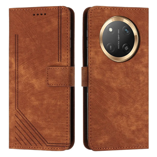 For Honor Magic7 Lite 5G / X9c 5G / X60 Pro 5G Case Imprinted Lines Leather Phone Cover Folding Stand - Brown