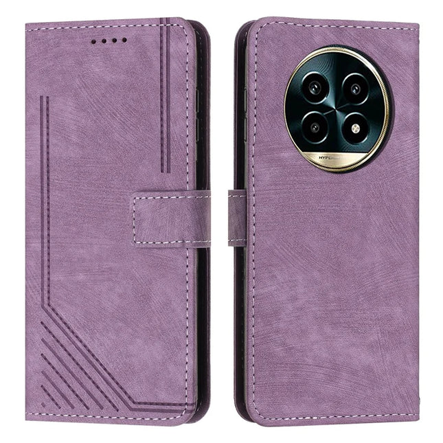 For Realme 13+ 5G / 13 Pro 5G (China) Case Imprinted Lines Leather Phone Cover Folding Stand - Purple