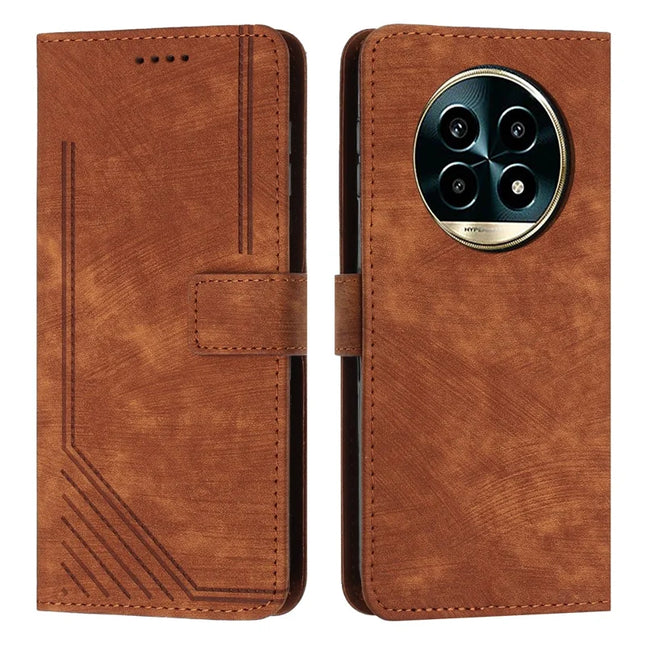 For Realme 13+ 5G / 13 Pro 5G (China) Case Imprinted Lines Leather Phone Cover Folding Stand - Brown