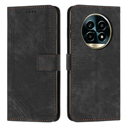 For Realme 13+ 5G / 13 Pro 5G (China) Case Imprinted Lines Leather Phone Cover Folding Stand - Black