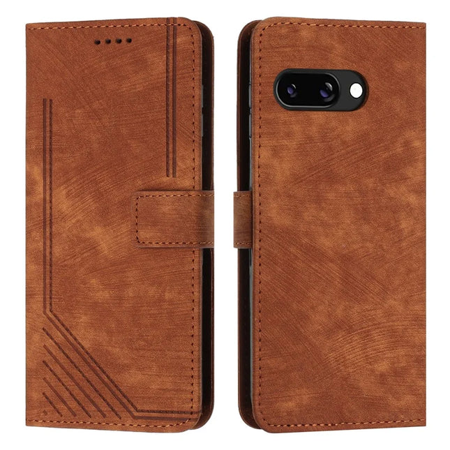 For Google Pixel 9a Case Imprinted Lines Leather Phone Cover Folding Stand - Brown