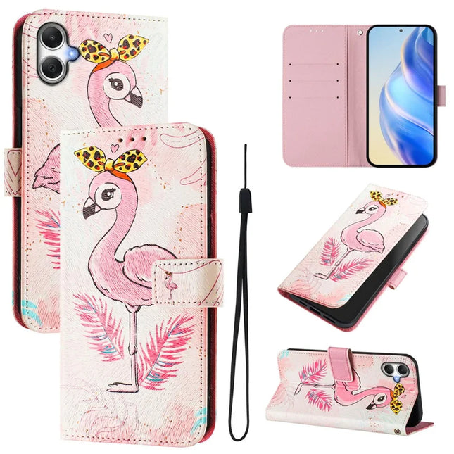For Samsung Galaxy A06 Case Pattern Printing Wallet Phone Cover with Strap - Flamingo