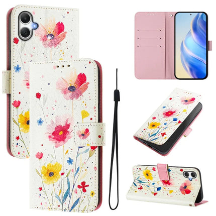 For Samsung Galaxy A06 Case Pattern Printing Wallet Phone Cover with Strap - Flower
