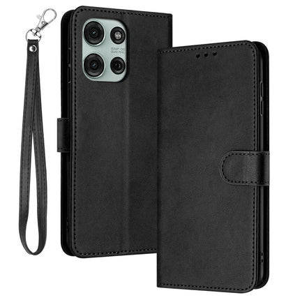 For Motorola Moto G75 5G Case Flip Stand PU Leather Wallet Phone Cover Calf Texture - Black