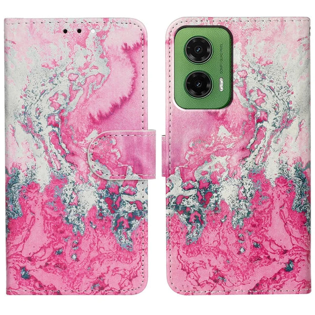 For Motorola Moto G35 5G Case Pattern PU Leather Flip Phone Cover - Pink Seawater Marble