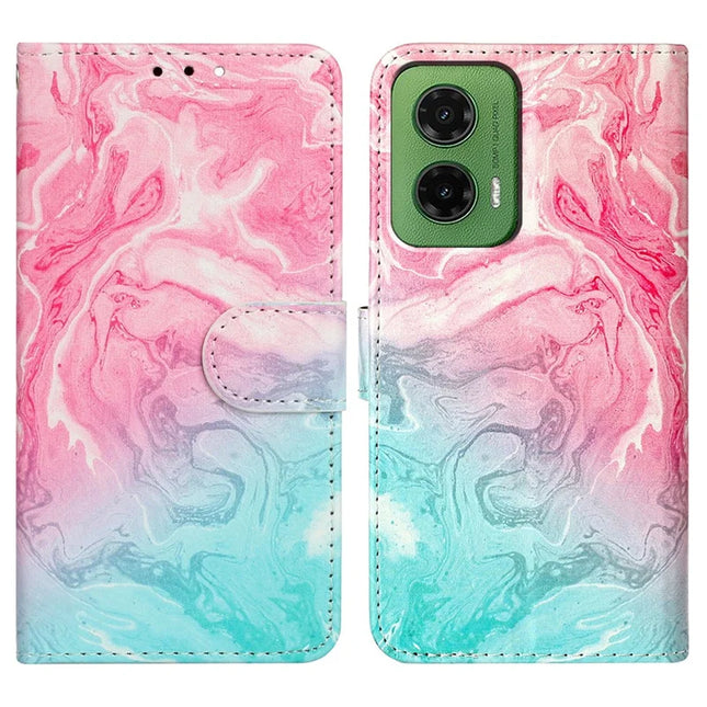 For Motorola Moto G35 5G Case Pattern PU Leather Flip Phone Cover - Pink Green Marble