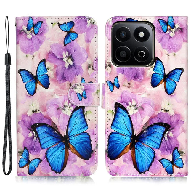 For Honor X7c 4G / 200 Smart 5G Case Pattern Leather Wallet Phone Cover with Card Holder - Purple Flower Butterfly