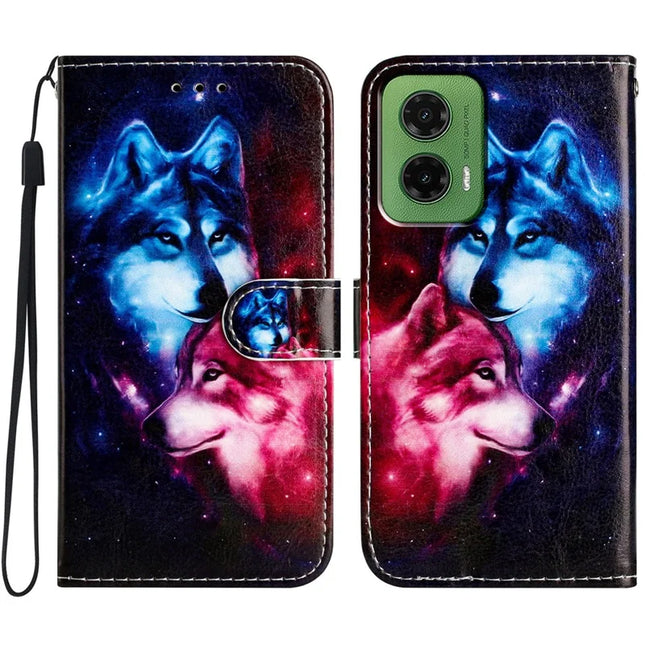 For Motorola Moto G35 5G Wallet Case Printed Pattern Design Leather Phone Cover - Couple Wolf