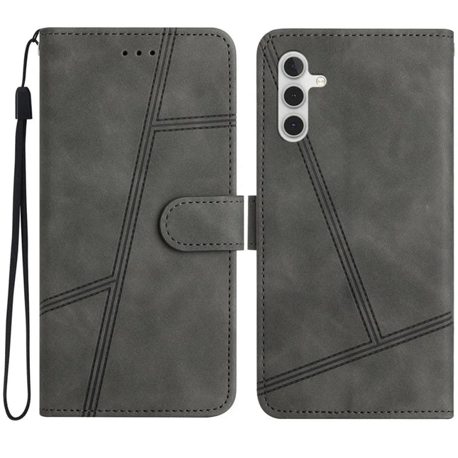 For Samsung Galaxy A26 5G Case Flip Leather Retro Phone Cover Lines Imprinted - Grey
