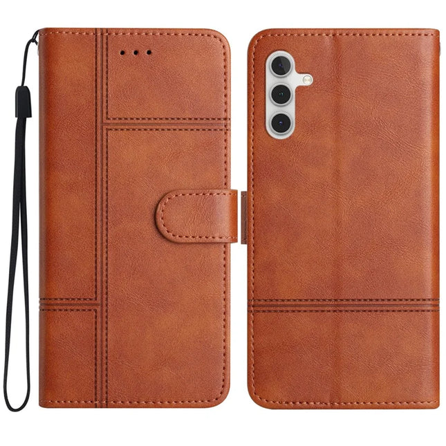 For Samsung Galaxy A26 5G Case Line Imprinted PU Leather Wallet Phone Cover - Brown