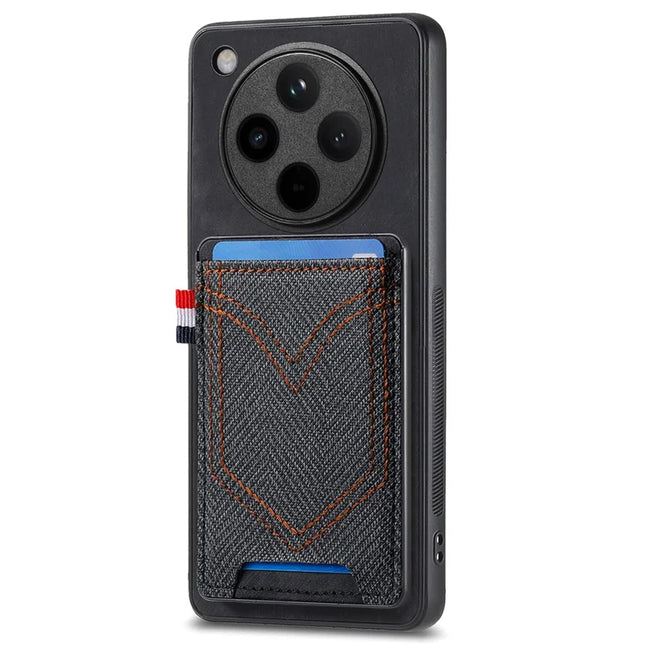 For Oppo Find X8 5G Phone Case Retro Jean Cloth Texture Leather Back Cover Card Holder - Black