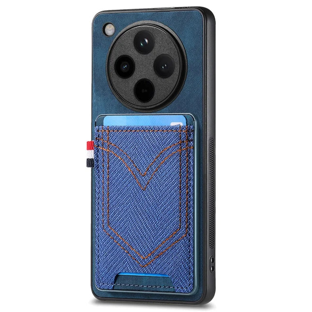 For Oppo Find X8 5G Phone Case Retro Jean Cloth Texture Leather Back Cover Card Holder - Blue