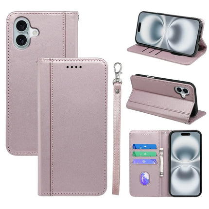 HX01 For iPhone 16 Wallet Case Magnetic Closing PU Leather Phone Cover - Rose Gold