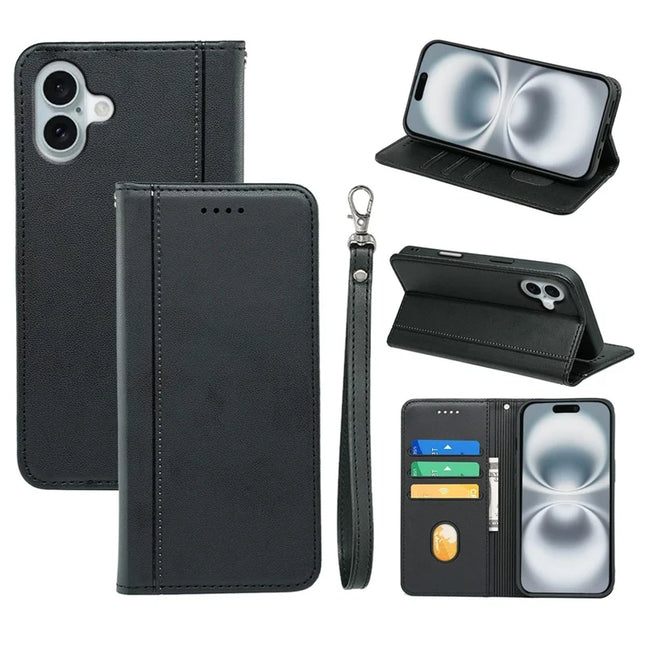 HX01 For iPhone 16 Plus Wallet Case Magnetic Closing PU Leather Phone Cover - Black
