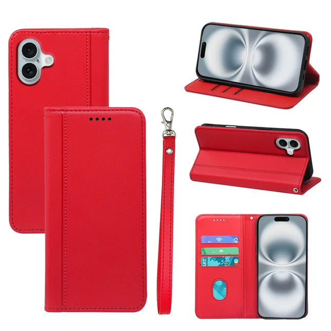 HX01 For iPhone 16 Plus Wallet Case Magnetic Closing PU Leather Phone Cover - Red