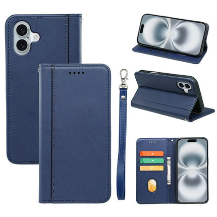 HX01 For iPhone 16 Plus Wallet Case Magnetic Closing PU Leather Phone Cover - Blue