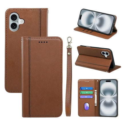 HX01 For iPhone 16 Plus Wallet Case Magnetic Closing PU Leather Phone Cover - Brown