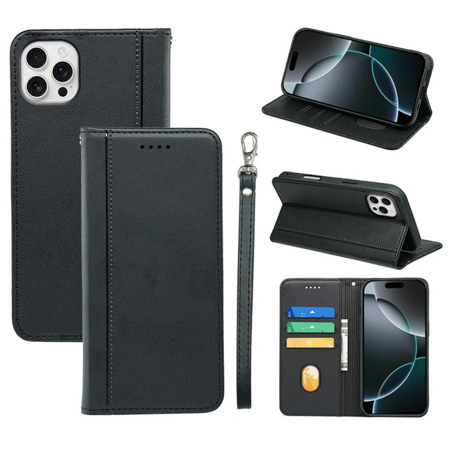 HX01 For iPhone 16 Pro Max Wallet Case Magnetic Closing PU Leather Phone Cover - Black