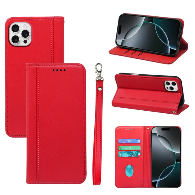 HX01 For iPhone 16 Pro Max Wallet Case Magnetic Closing PU Leather Phone Cover - Red
