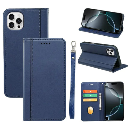 HX01 For iPhone 16 Pro Max Wallet Case Magnetic Closing PU Leather Phone Cover - Blue