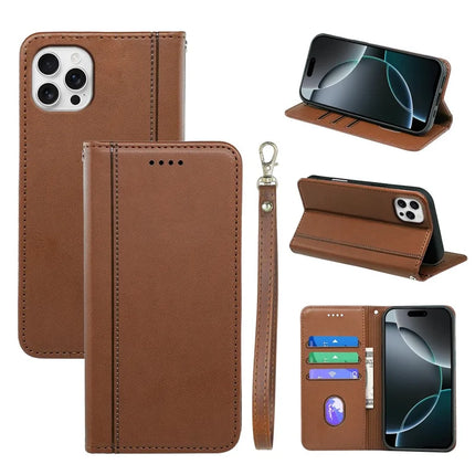 HX01 For iPhone 16 Pro Max Wallet Case Magnetic Closing PU Leather Phone Cover - Brown