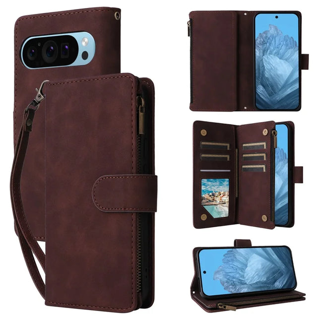 For Google Pixel 9 Pro / Pixel 9 Case Zipper Wallet Multiple Card Slots Leather Phone Cover - Coffee