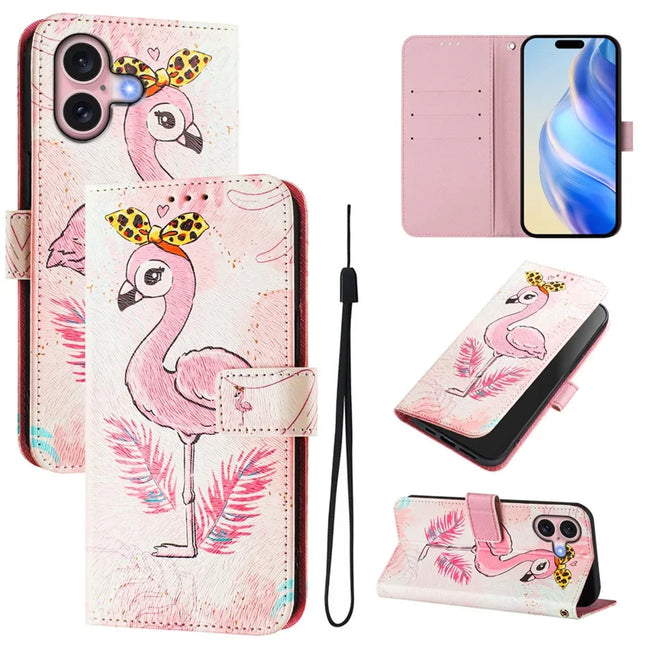 For iPhone 16 Case Pattern Printing Wallet Phone Cover with Strap - Bird