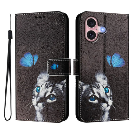 For iPhone 16 Case Pattern Printing Wallet Phone Cover with Strap
