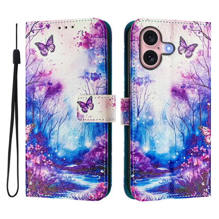 For iPhone 16 Case Pattern Printing Wallet Phone Cover with Strap