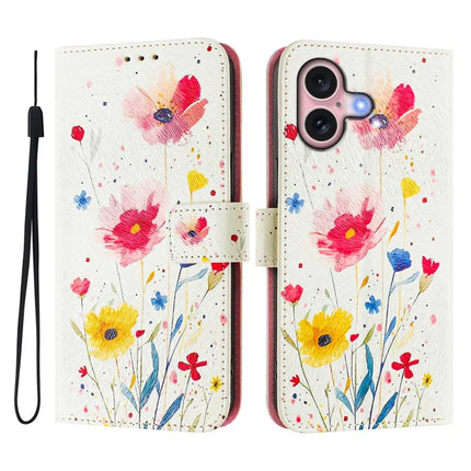 For iPhone 16 Case Pattern Printing Wallet Phone Cover with Strap