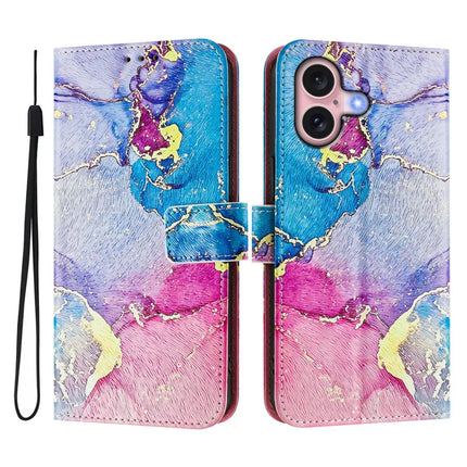 For iPhone 16 Case Pattern Printing Wallet Phone Cover with Strap