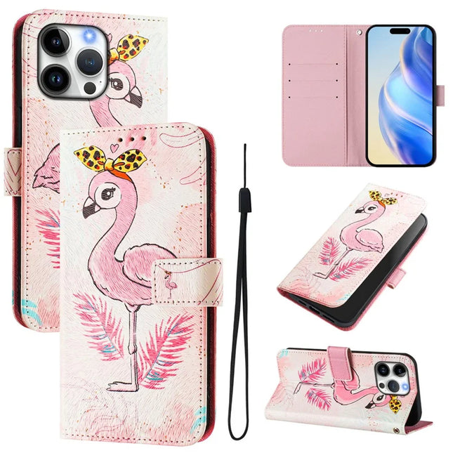 For iPhone 16 Pro Max Case Pattern Printing Wallet Phone Cover with Strap - Bird