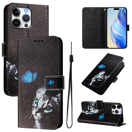 For iPhone 16 Pro Max Case Pattern Printing Wallet Phone Cover with Strap - Butterfly and Cat