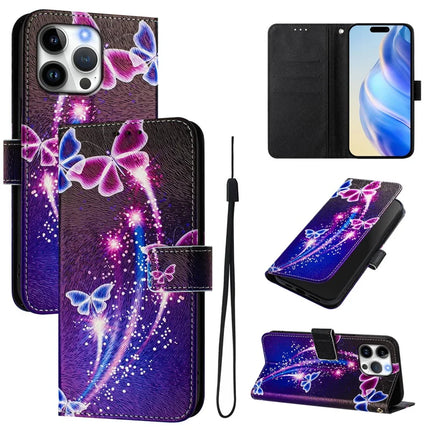 For iPhone 16 Pro Max Case Pattern Printing Wallet Phone Cover with Strap - Firework Butterfly