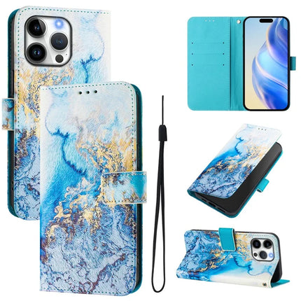 For iPhone 16 Pro Max Case Pattern Printing Wallet Phone Cover with Strap - Ocean Marble