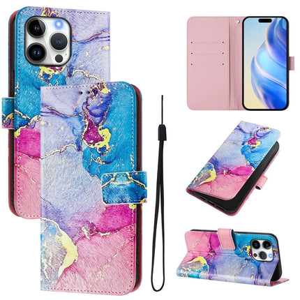 For iPhone 16 Pro Max Case Pattern Printing Wallet Phone Cover with Strap - Multicolor Marble