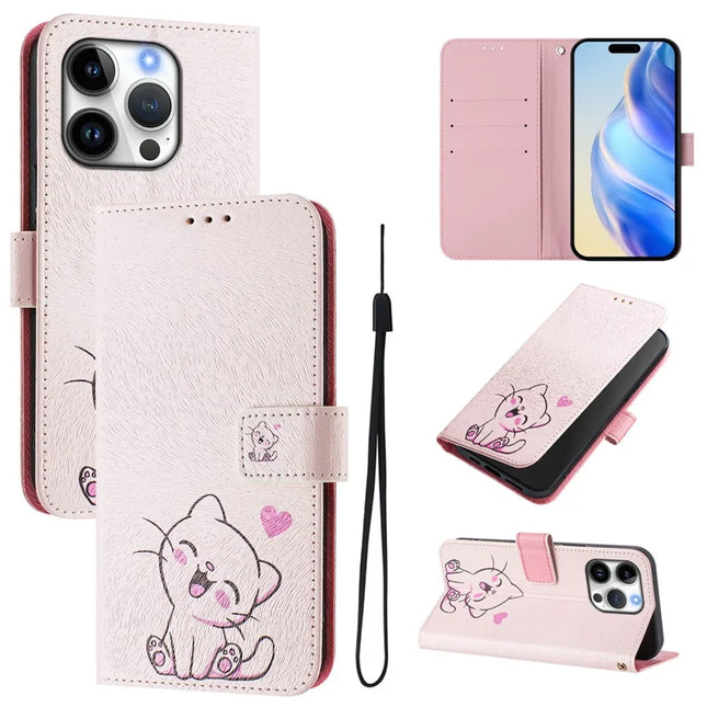 For iPhone 16 Pro Case Pattern Printing Wallet Phone Cover with Strap - Cute Cat