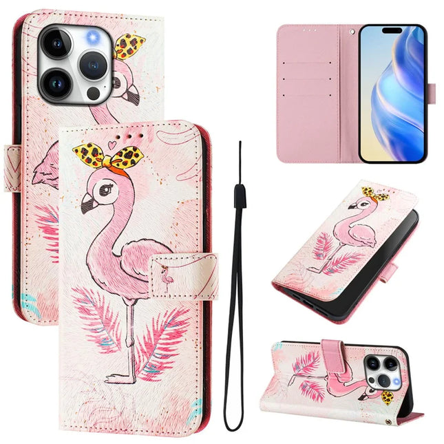 For iPhone 16 Pro Case Pattern Printing Wallet Phone Cover with Strap - Bird