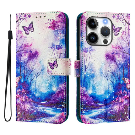 For iPhone 16 Pro Case Pattern Printing Wallet Phone Cover with Strap