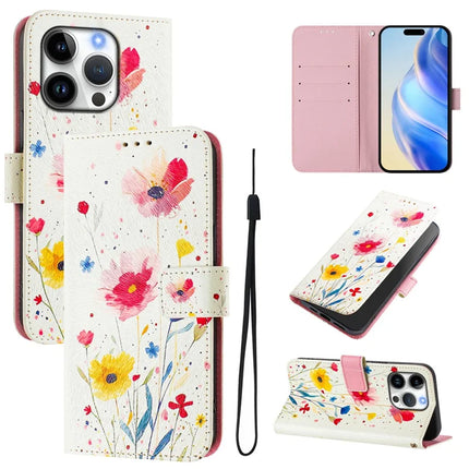 For iPhone 16 Pro Case Pattern Printing Wallet Phone Cover with Strap - Flower