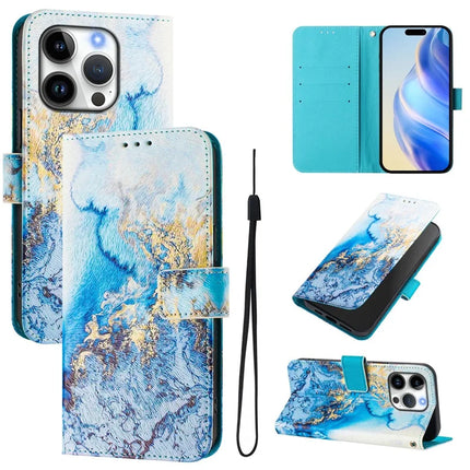 For iPhone 16 Pro Case Pattern Printing Wallet Phone Cover with Strap - Ocean Marble